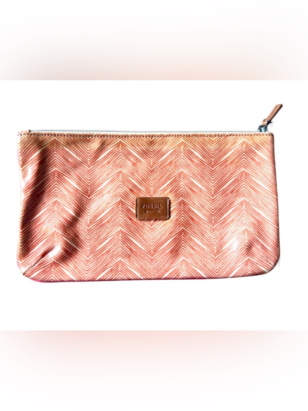 Fossil Orange Chevron Lined Pouch with Pink Logo Tag